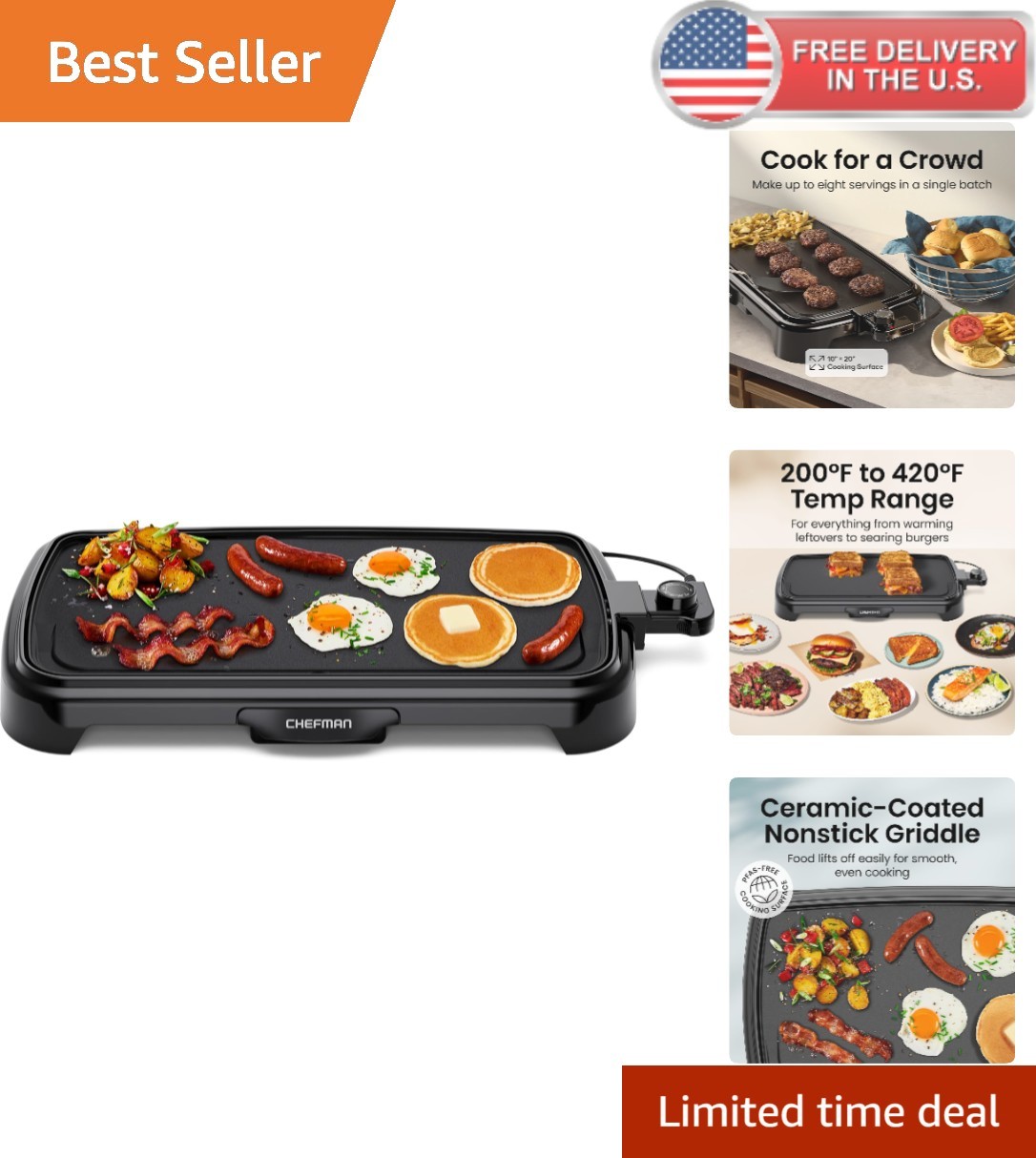 Large Electric Griddle 10×20 Inch Nonstick Surface for Pancakes Eggs & Burgers
