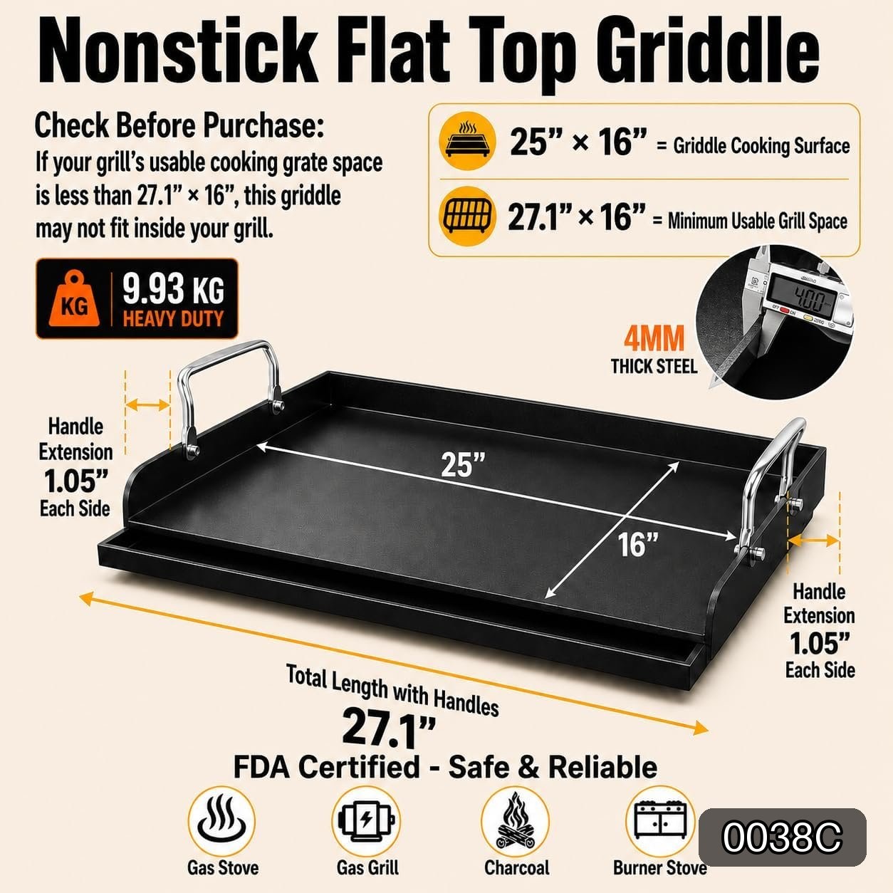 Cast Iron Griddle Plate 25 x 16 Inch for Gas Grill #R015
