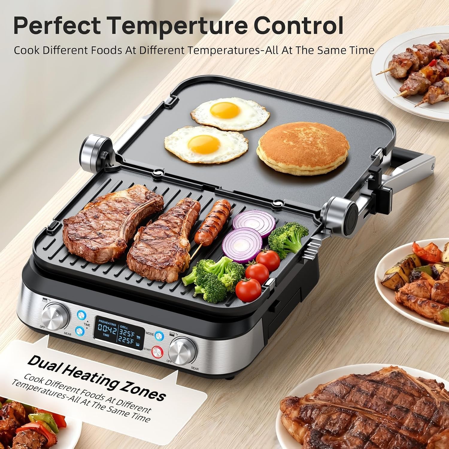 Dual-Zone Temperature Control Indoor Grill & Griddle | 1700W Low-Fat Cooking