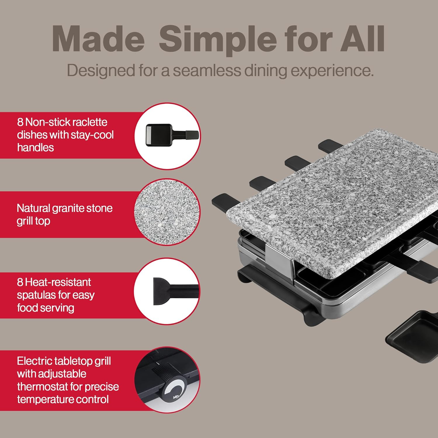 Stelvio 8-Person Raclette Party Grill with Non-Stick Granite Plate – Silver