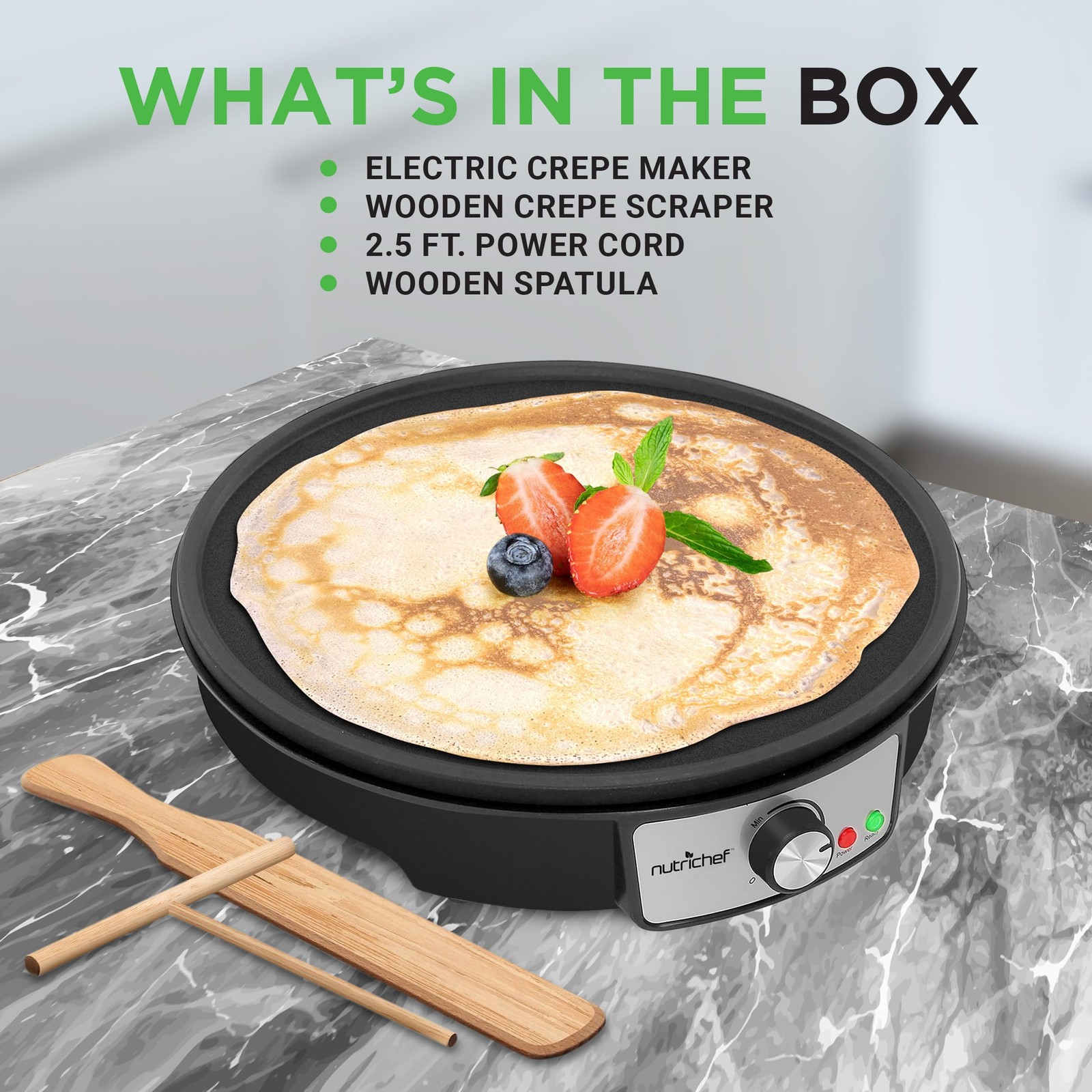 Nutrichef Electric Crepe Maker Pan & Griddle – 12 Inch Nonstick Cooktop, LED Ind