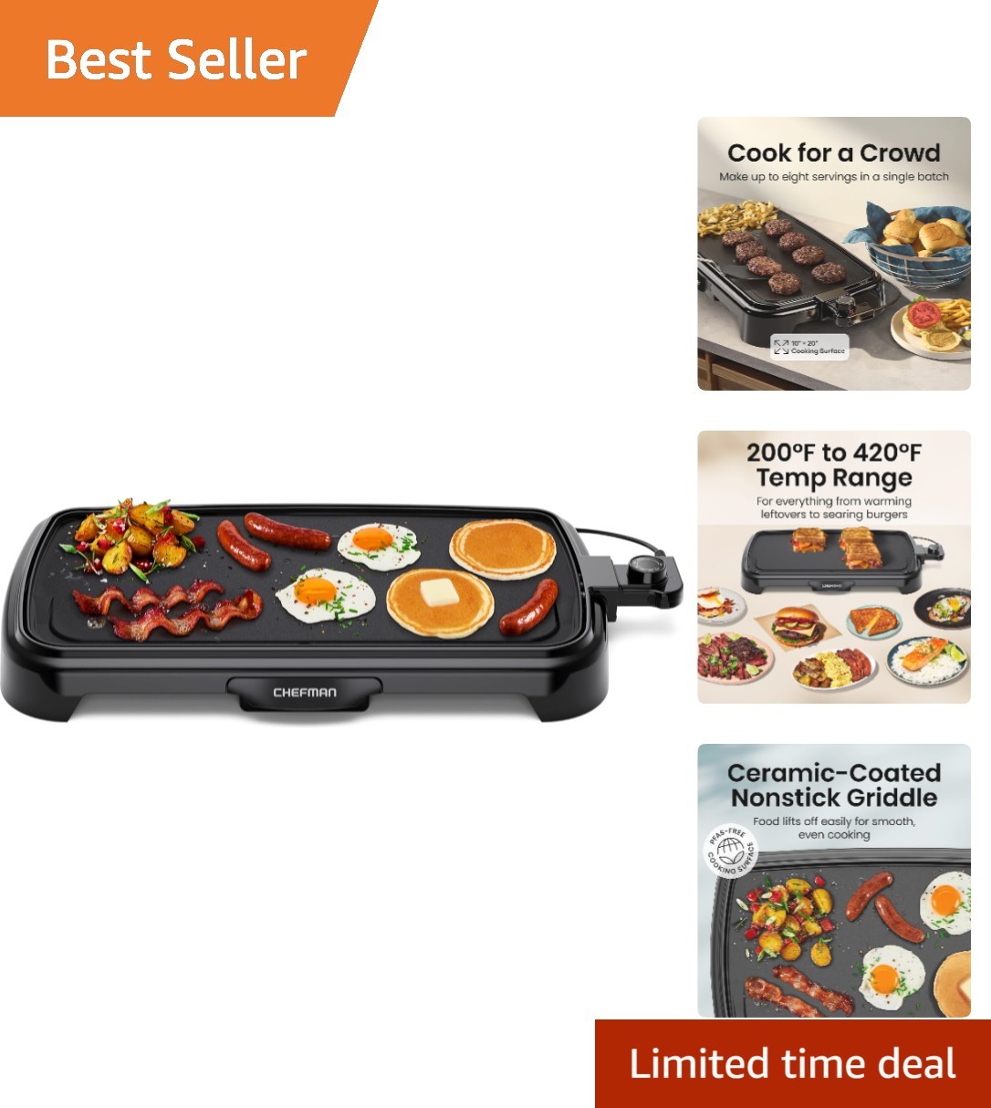 XL Nonstick Electric Griddle with Adjustable Temp & Removable Controls