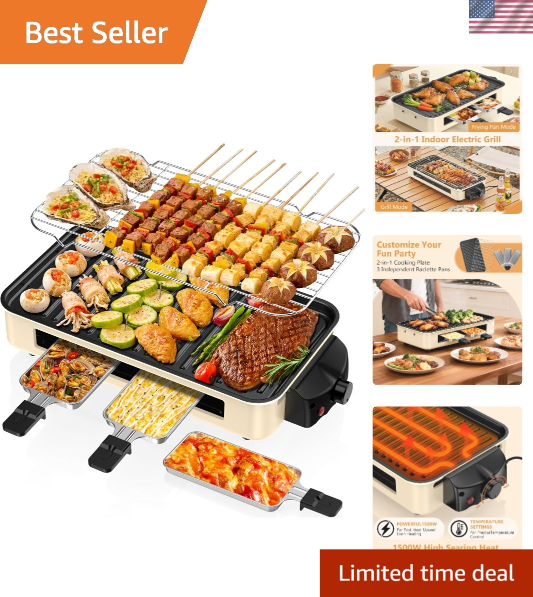 Smokeless Indoor Grill with Temperature Control & Cheese Melting Pans – 1500W