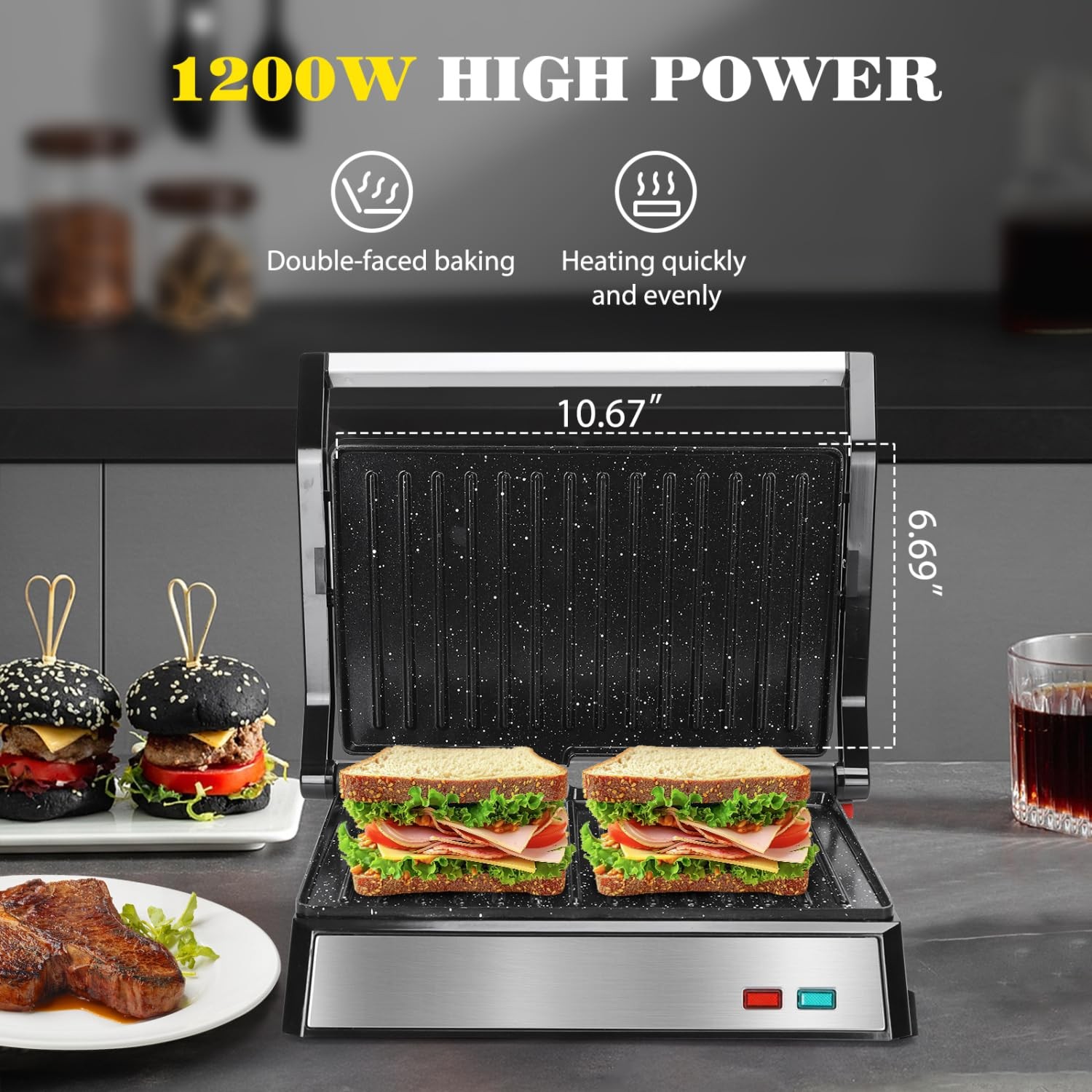 Panini Press, 1200W Sandwich Maker and Electric Indoor Grill with Ceramic Non-St
