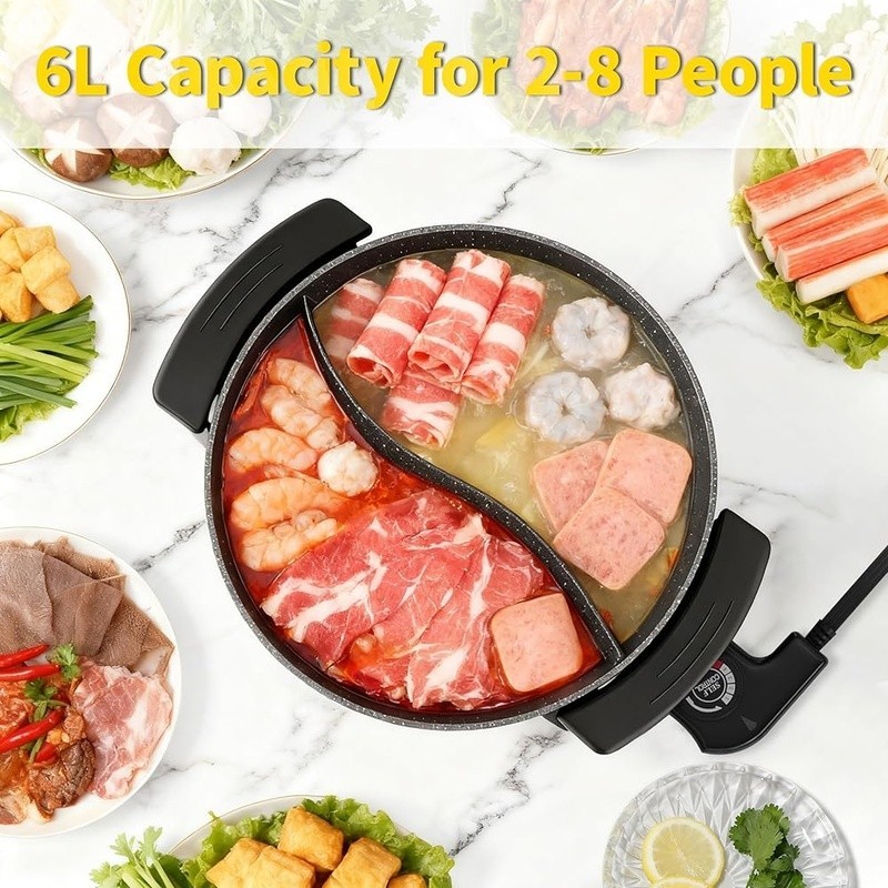 Dual Sided Electric Hot Pot 6L Nonstick Surface 5 Temp Control Recipe Book New