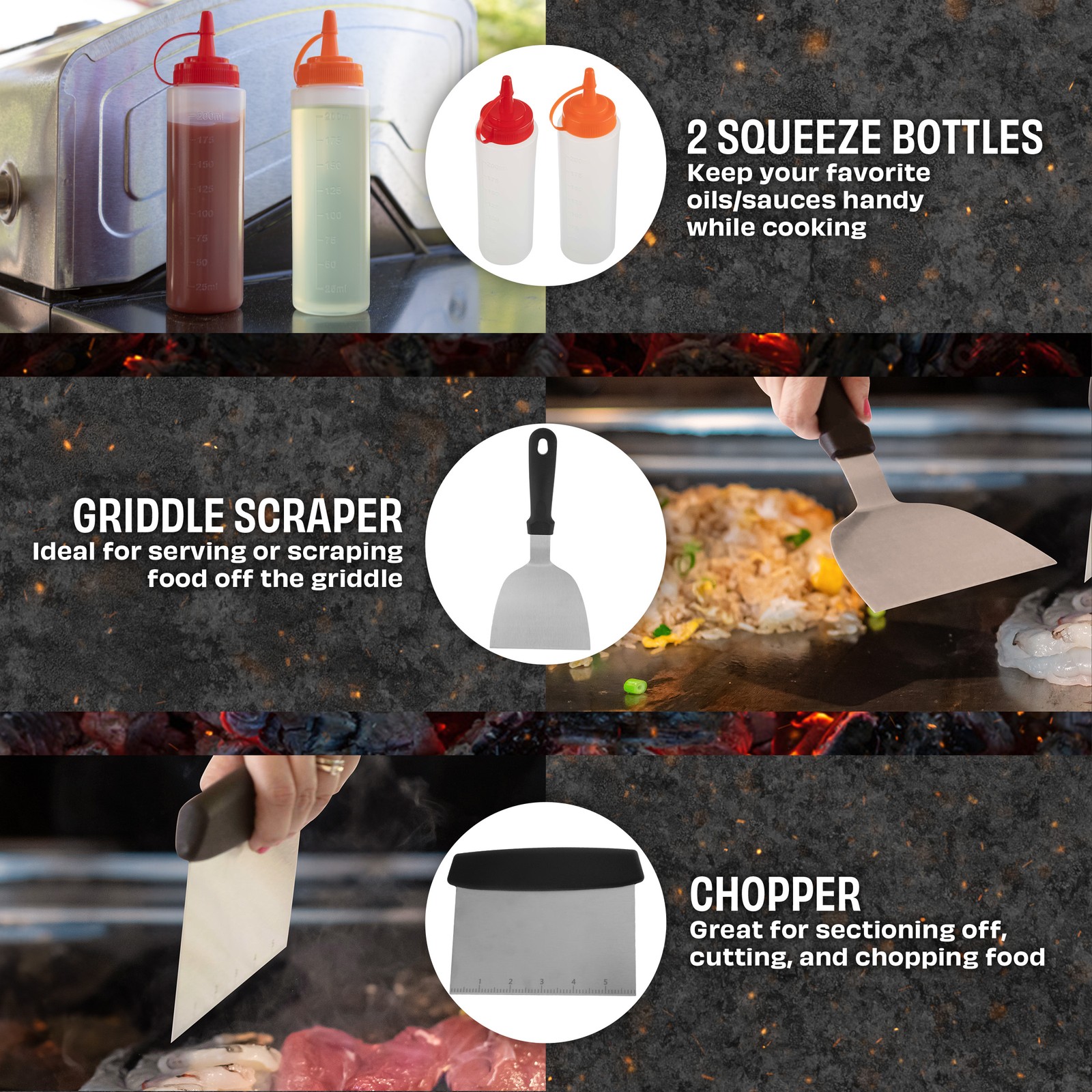 Griddle Accessories 28PC Grill Set with Spatulas, Tongs, Cleaner, Dome, and Bag