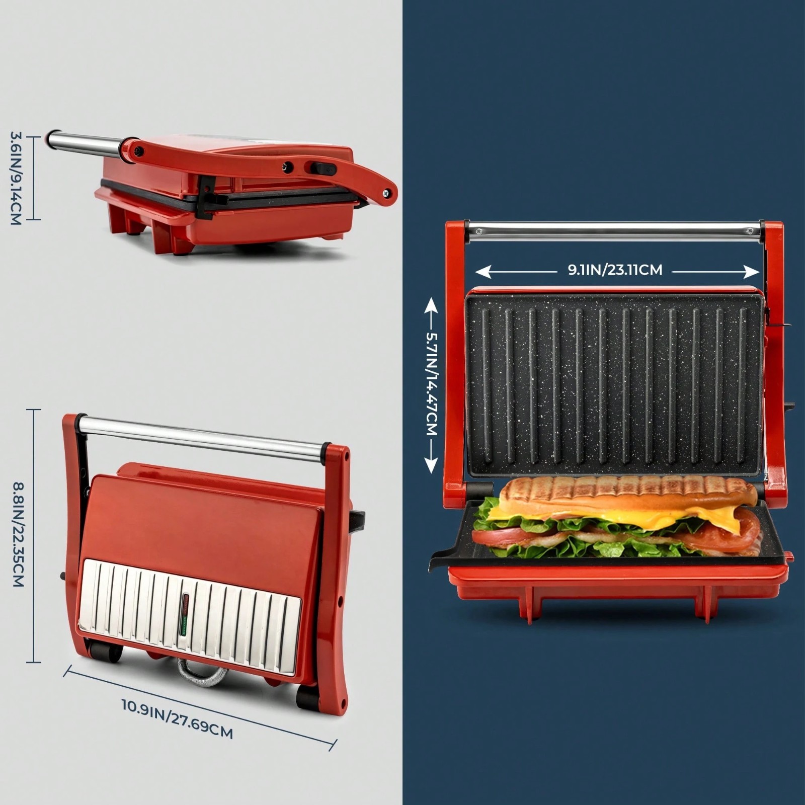 Indoor Electric Grill Sandwich Maker Nonstick Multi-Purpose Grill Pan Red