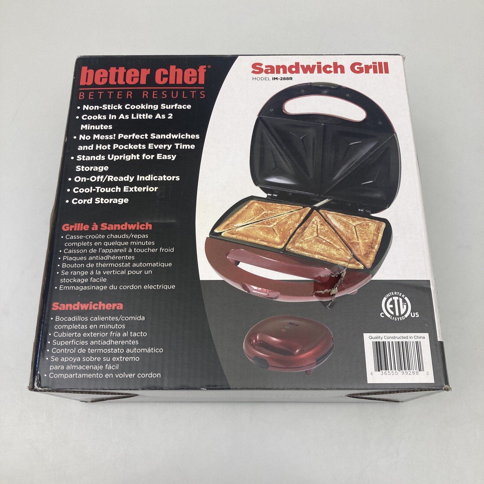 Better Chef Non Stick Cooking Surface Hot Sandwich Grill Model IM-288R Red NIB