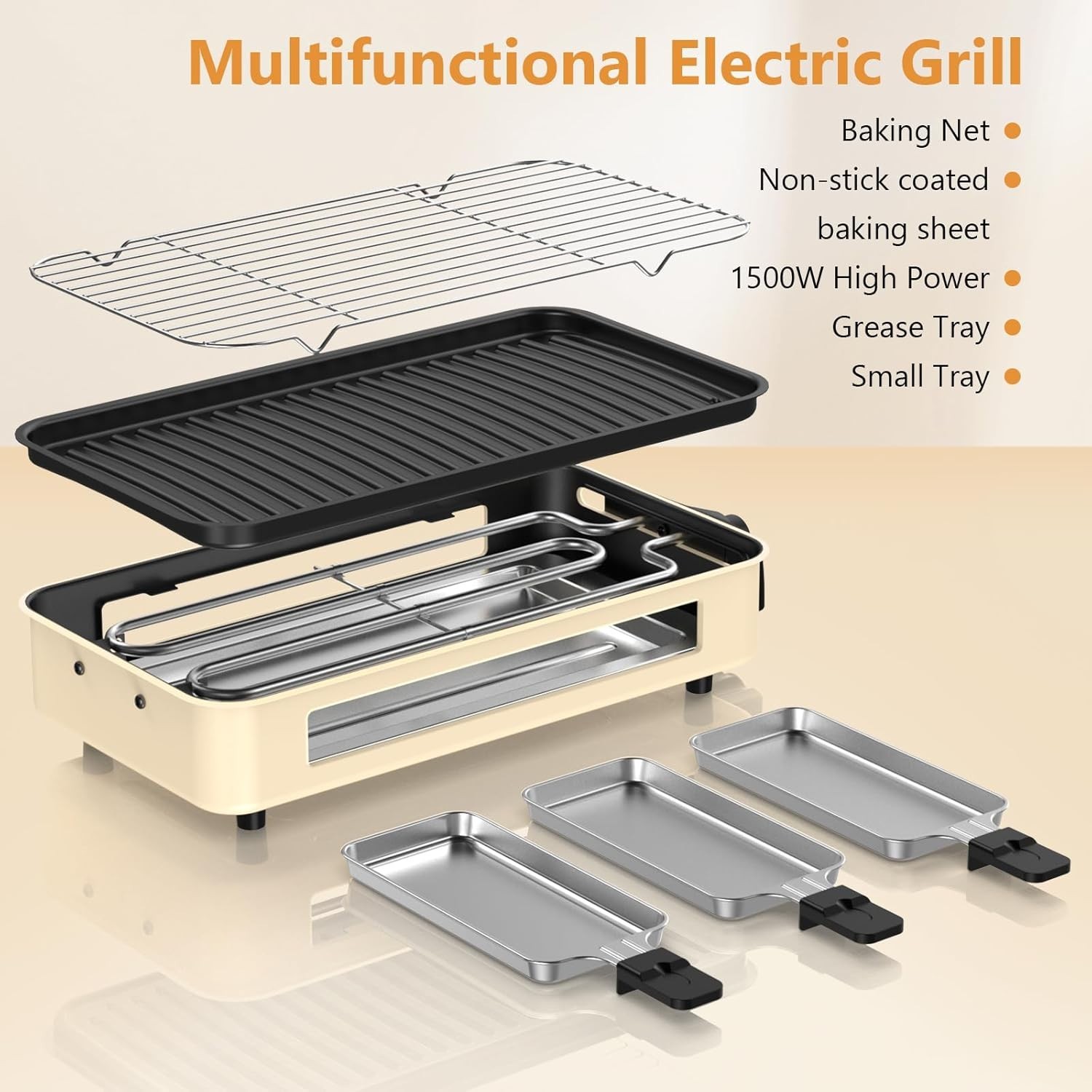 Smokeless Indoor Grill with Temperature Control & Cheese Melting Pans – 1500W
