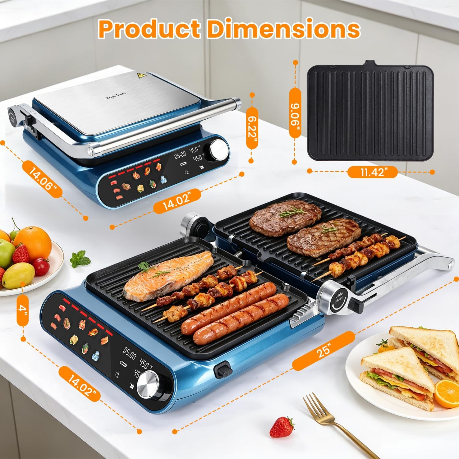 Versatile 7-in-1 Panini Press & Grill with Touch Control & Non-Stick Plates