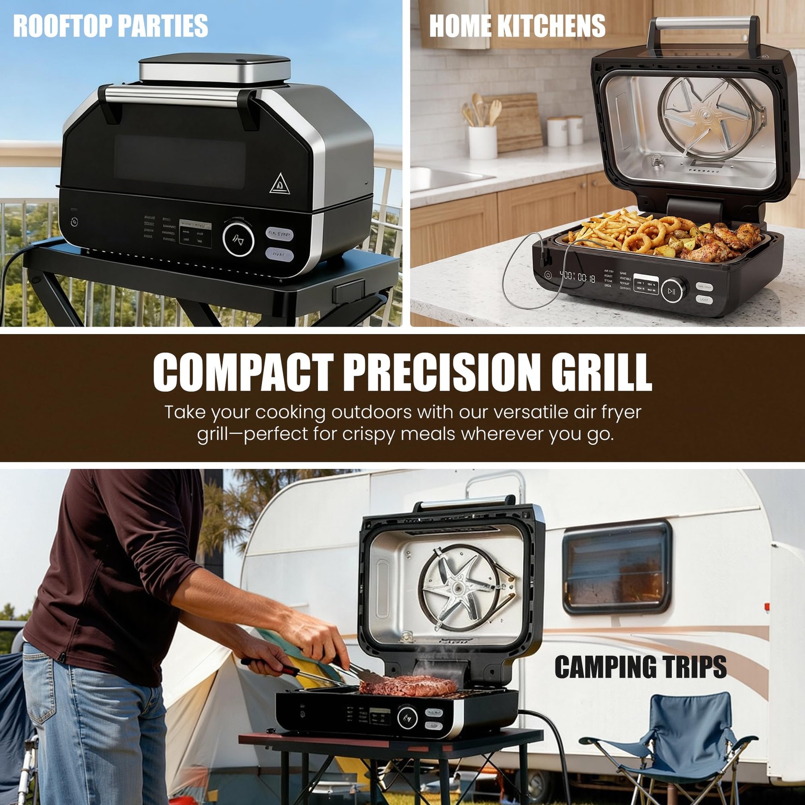 OLIXIS 8-in-1 Electric BBQ Grill Outdoor Indoor Air Fryer Basket Large BLACK