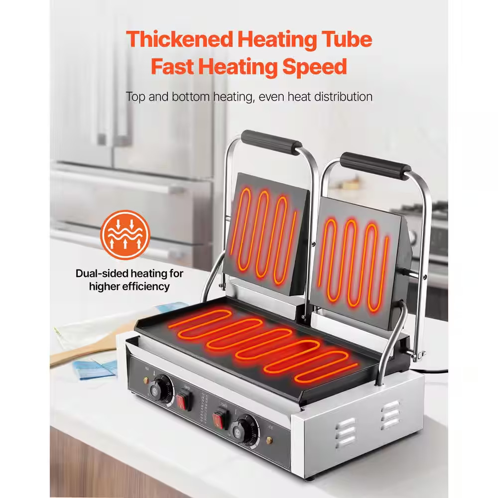 3,600 W Commercial Panini Grill, Electric Sandwich Maker, Stainless Steel Double