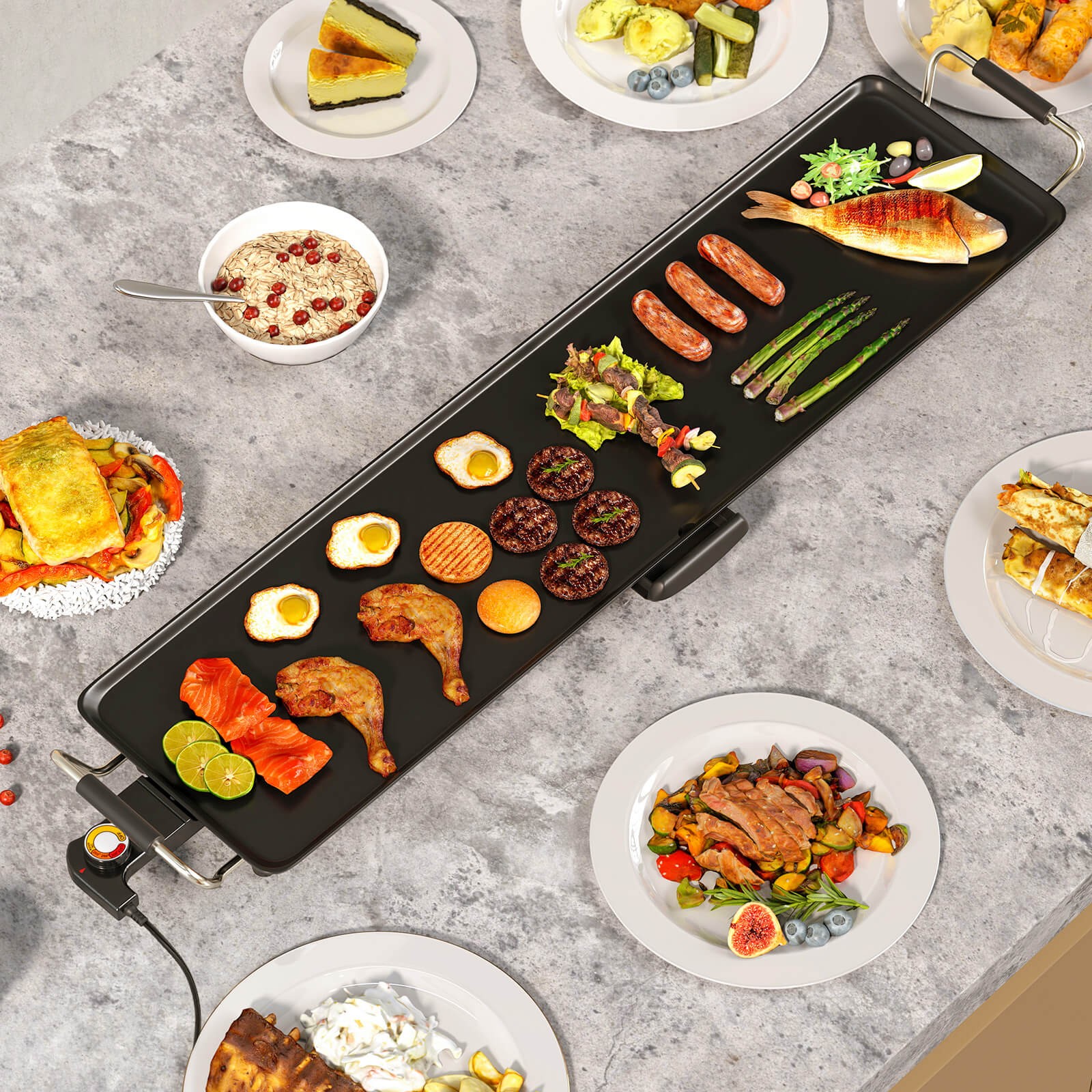 27″ Large Electric Griddle w/ Adjustable Temperature Thermostats and Drip Tray