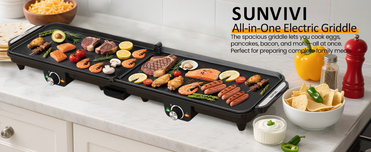 Sunvivi 38” Extra Large Electric Griddle – Foldable Grill Nonstick Plate | with