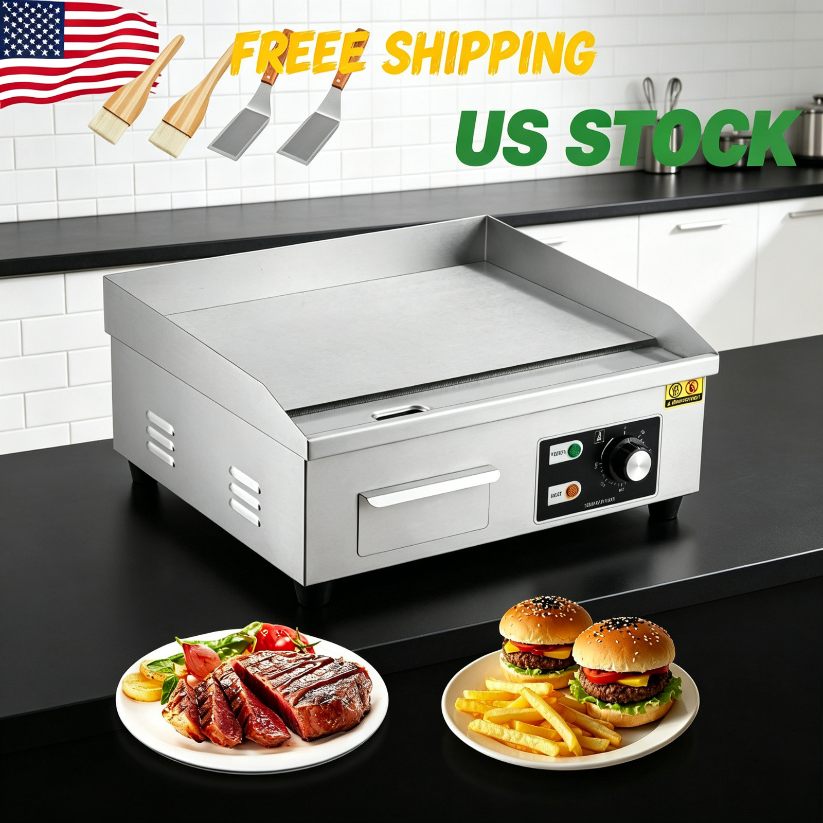 Commercial Electric Griddle 1600w Stainless Steel Flat Top Grill For Home