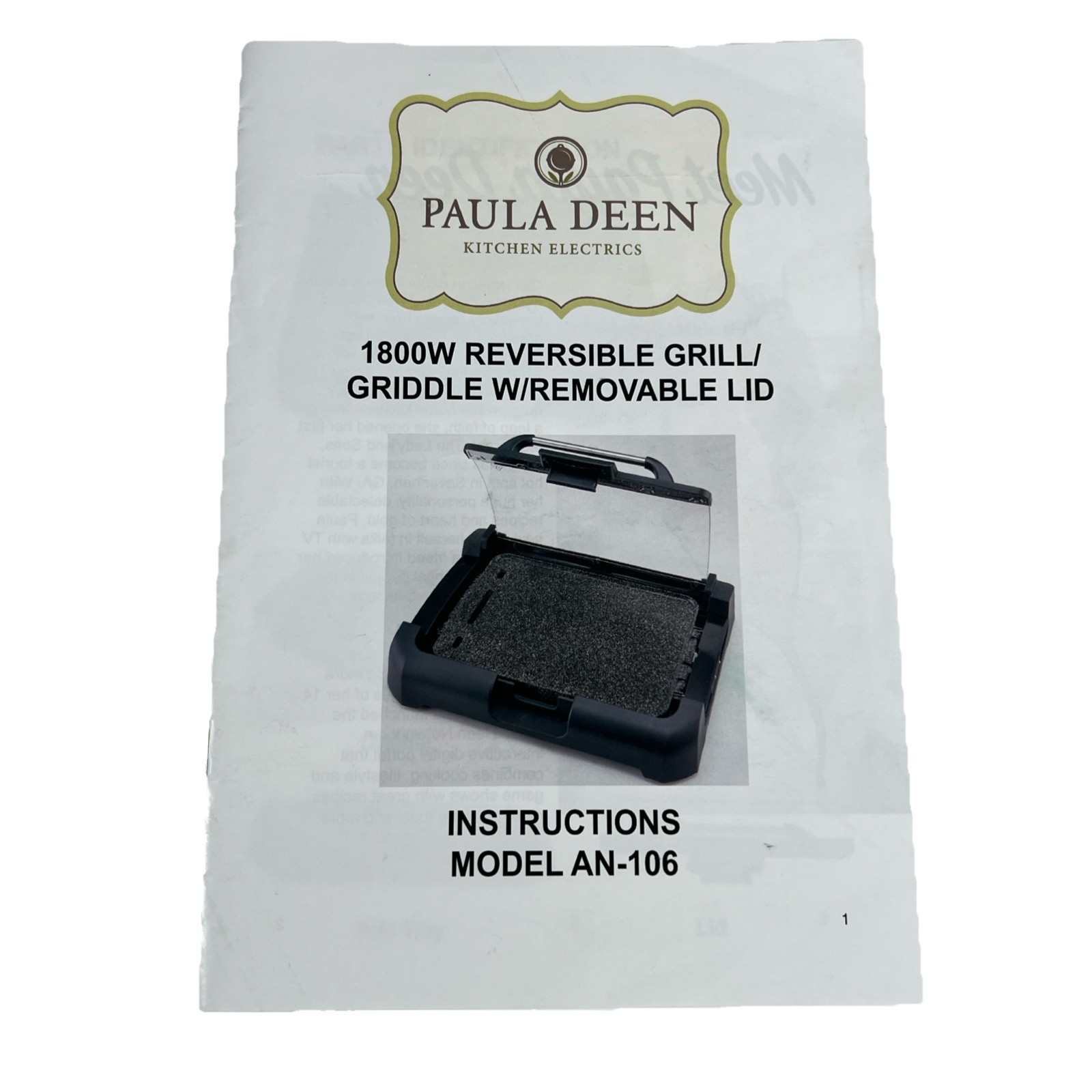 Paula Deen 1800w Reversibke Grill Model AN-106 Instruction Manual ONLY