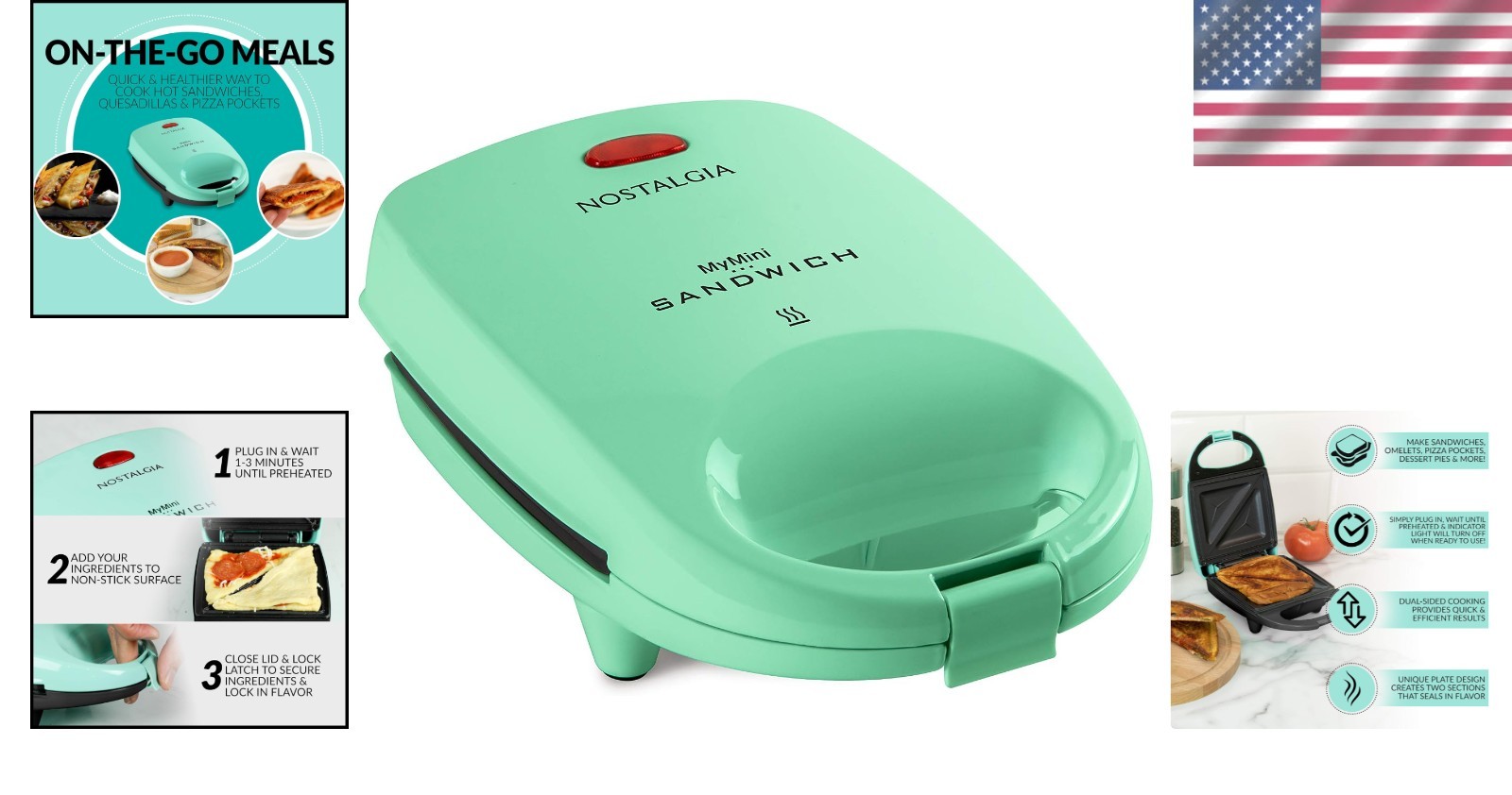MyMini Mint Green Sandwich Maker – Nonstick Compact Panini Press for Quick Meals
