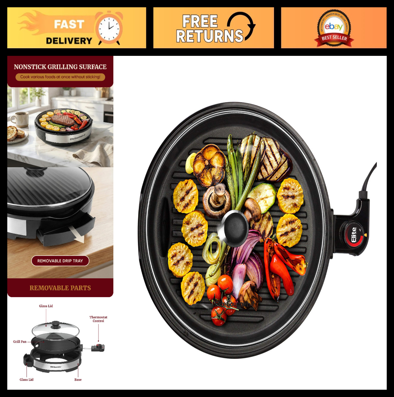 Indoor Electric BBQ Grill, Non-Stick 12″ with Glass Lid, Adjustable Temp, Fast H