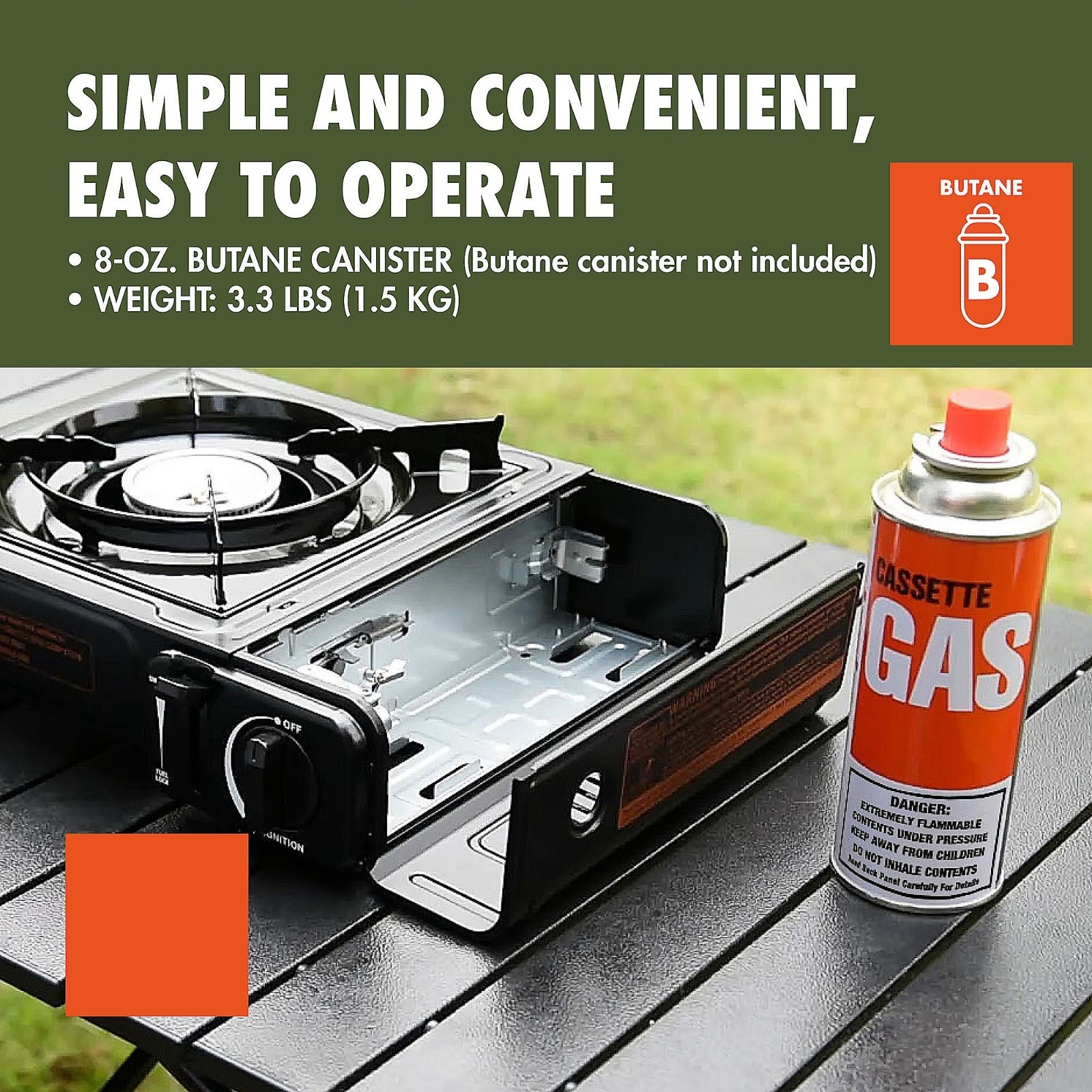 2-in-1 Butane Griddle, Black, 7,650 BTU, Piezo-Electric 2.2kW, Outdoor Cooking