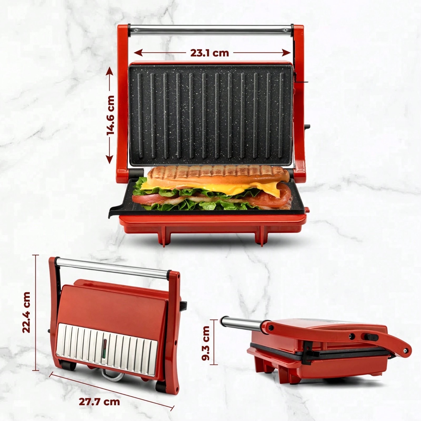 Indoor Electric Grill Sandwich Maker Nonstick Multi-Purpose Grill Pan Red