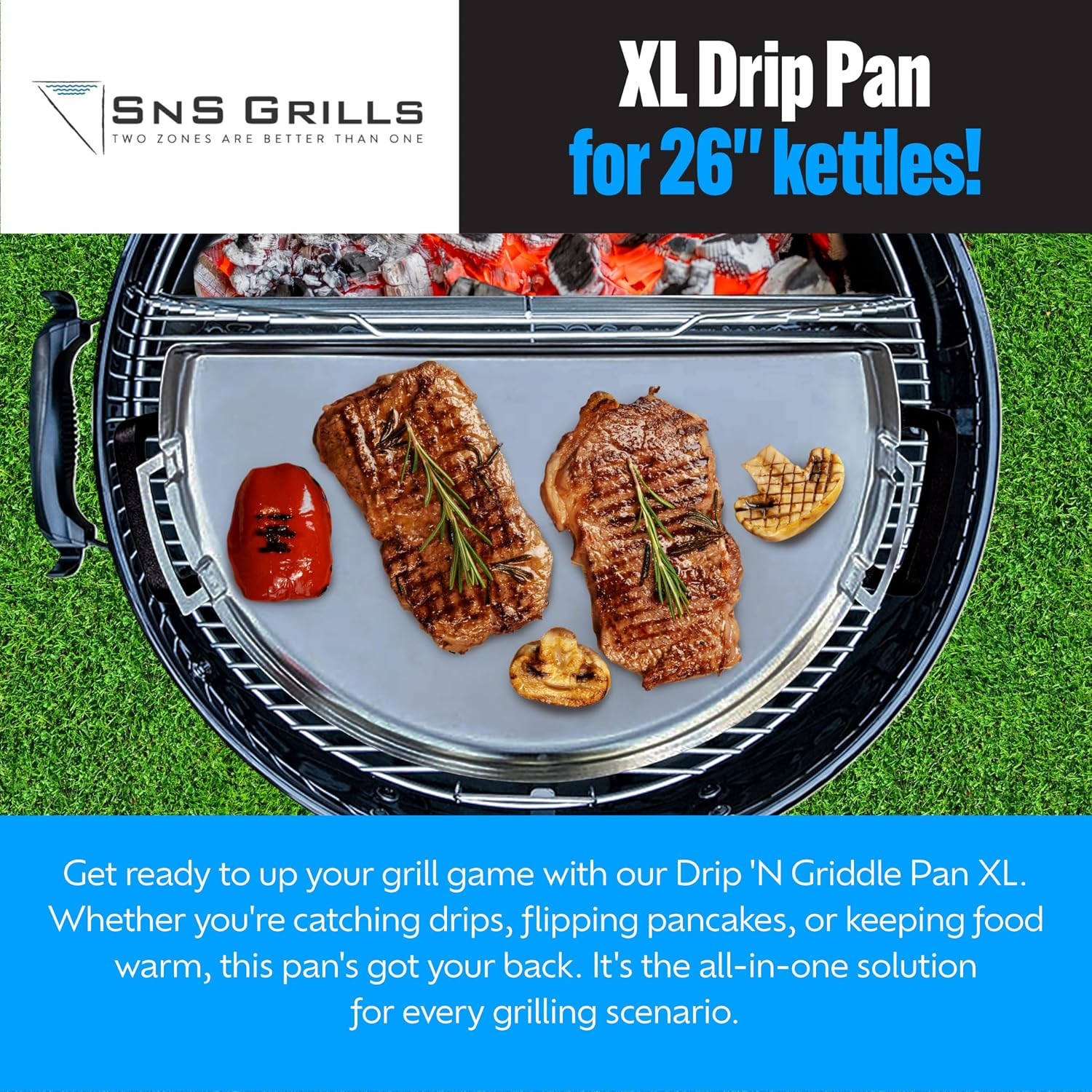 Sns Grills Drip ‘N Griddle Pan 26″ – Extra Large 3-In-1 Charcoal Grill Accessory