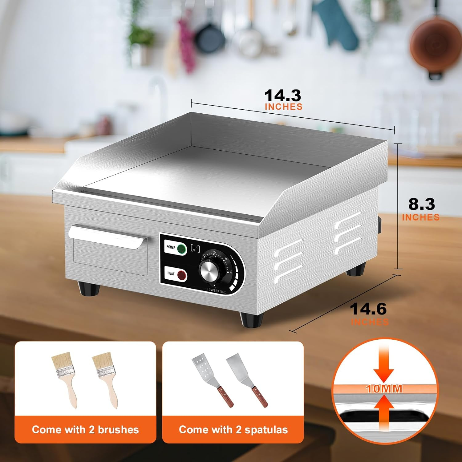 14″ Commercial Electric Griddle – Non-Stick Stainless Steel Cooking Plate