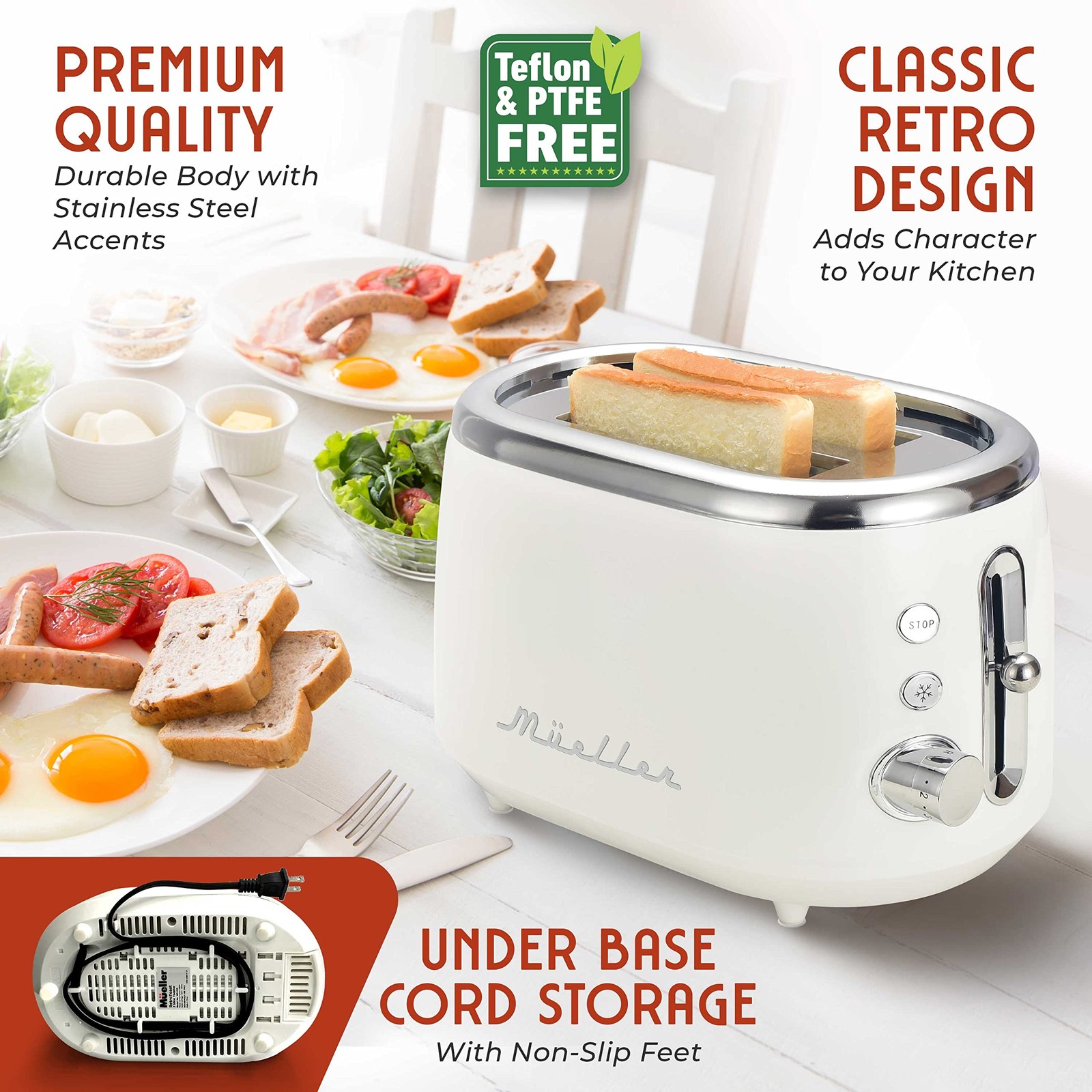 MUELLER HOME Retro Toaster 2 Slice, 7 Browning Levels, 3 2 White