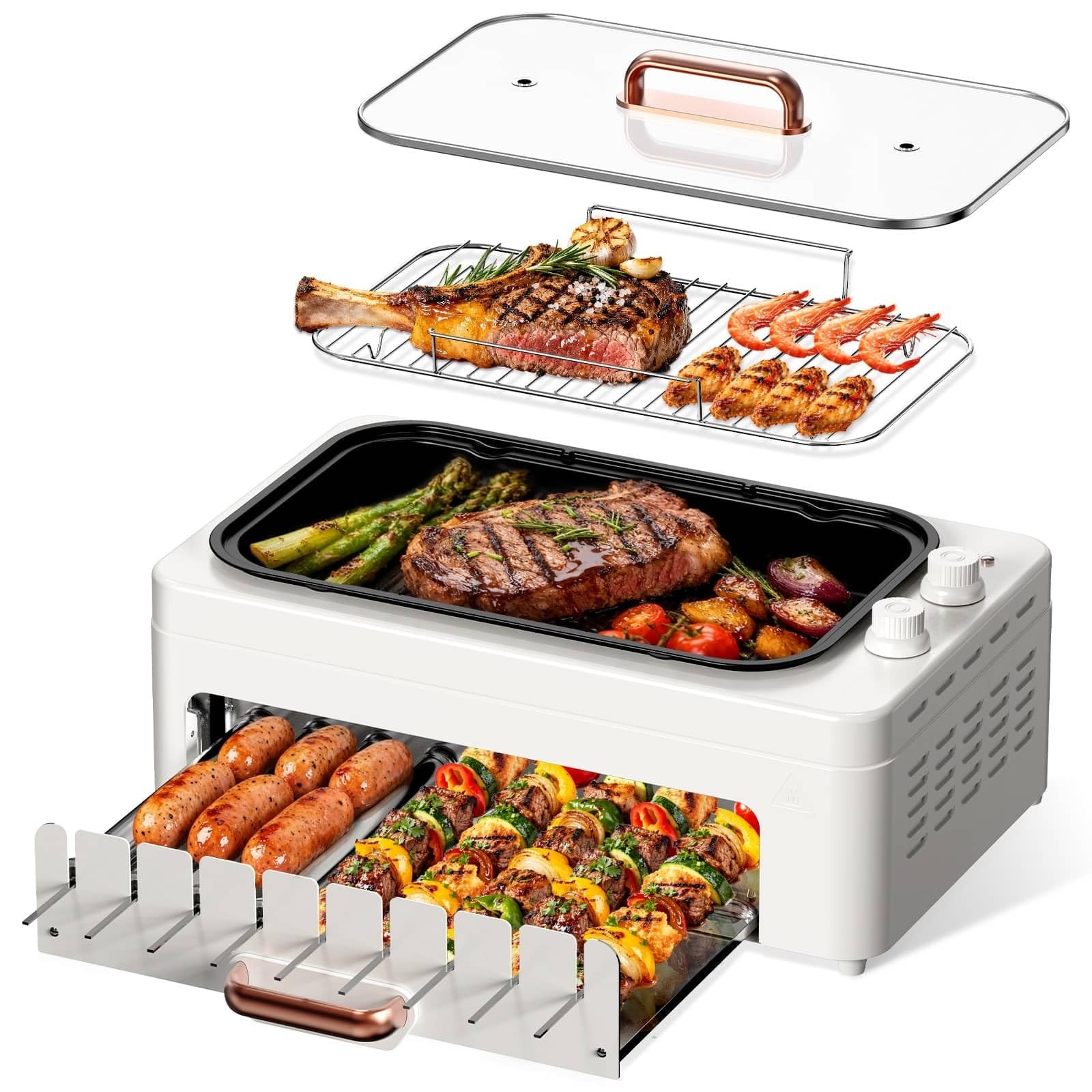 XHJ 4-in-1 Electric Indoor Grill Smokeless for Home,Countertop WHITE
