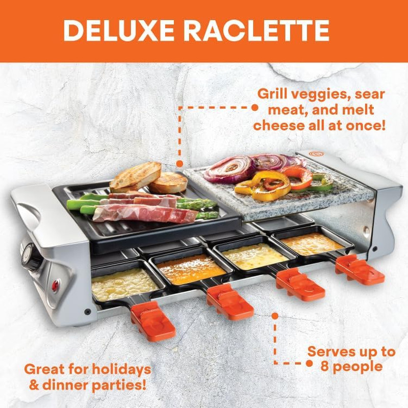Electric Raclette Table Grill W Non-Stick Grilling Plate & Cooking Stone- 8 Pers