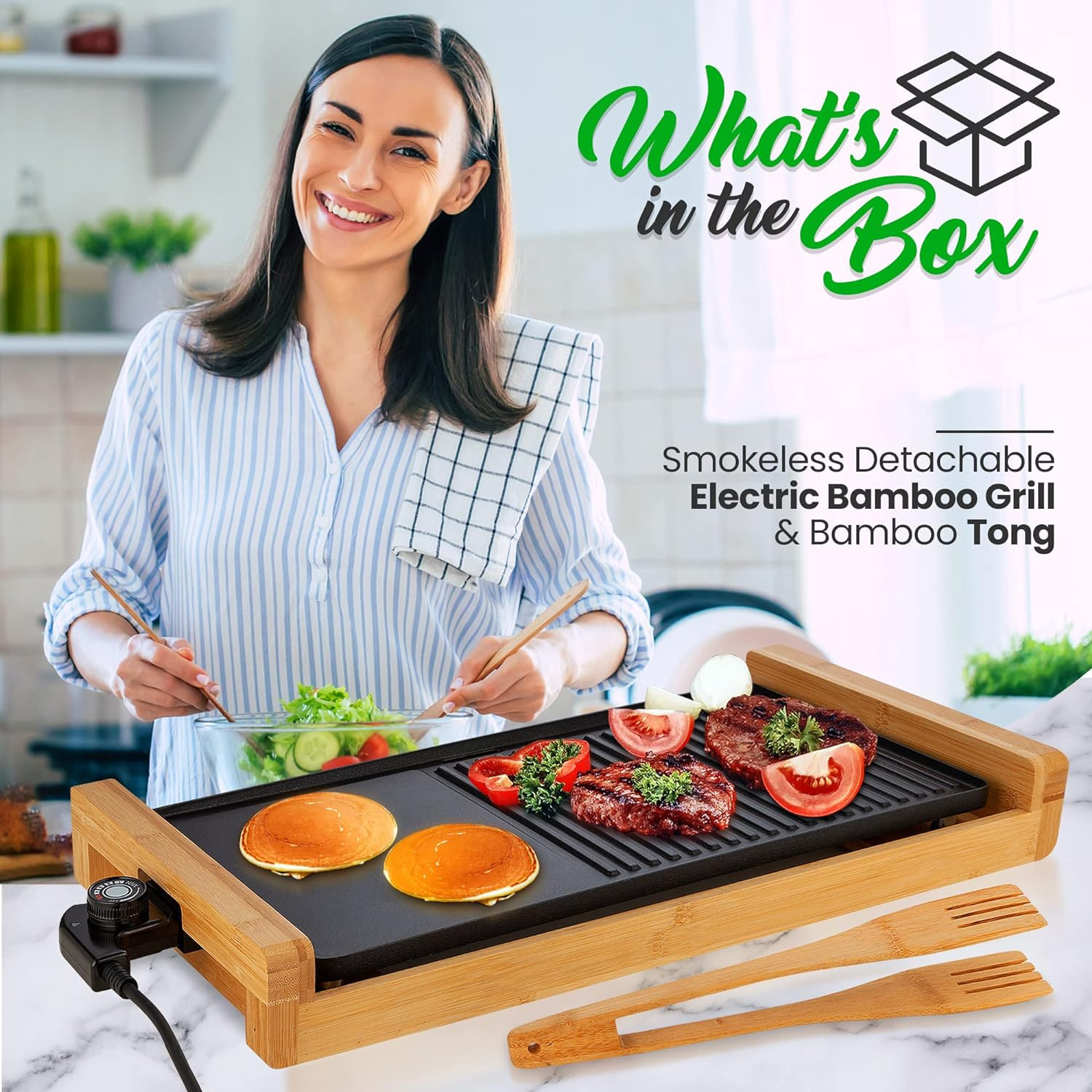 Non-Stick Plate, Removable Grill & Griddle Plate, Smokeless Electric Bamboo Gril