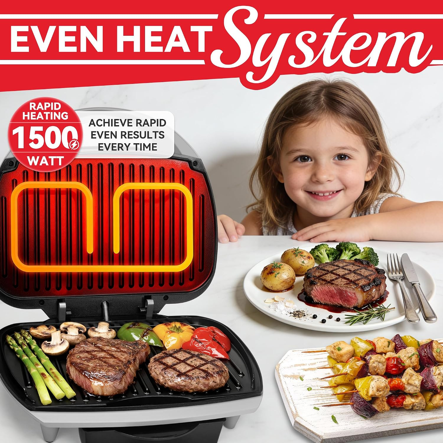 Family-Sized Contact Grill, 6-Serving Electric Indoor Grill with Adjustable Temp