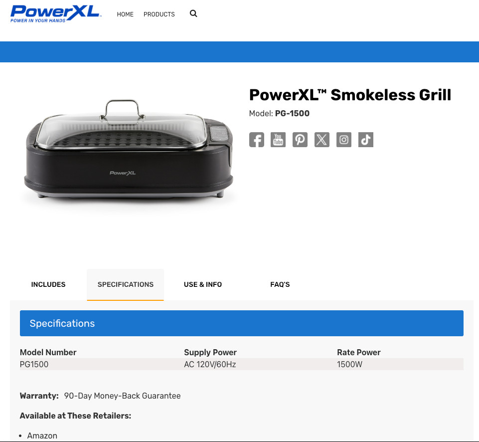 PowerXL Smokeless Grill Model PG-1500 Electric 1500W Black/Silver Open Box NEW