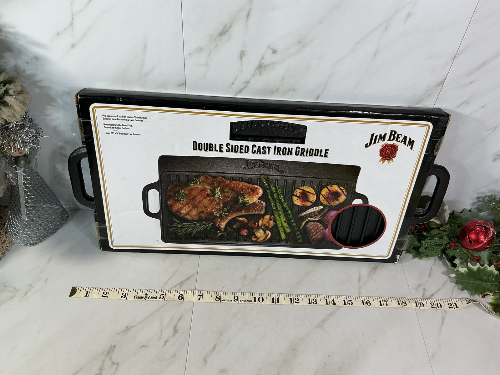 JIM BEAM double-sided CAST IRON GRIDDLE PAN Reversible 20″ x 9″~NEW IN PACKAGE