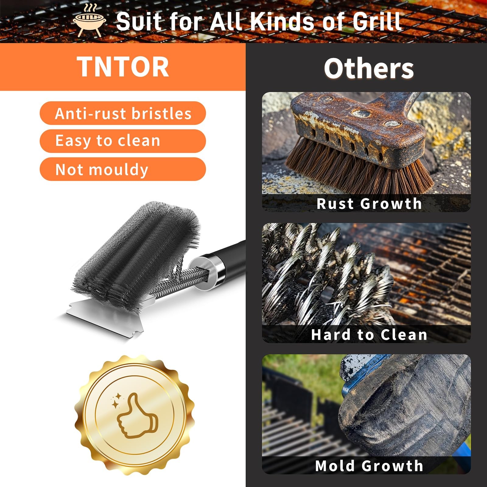 TNTOR Grill Brush with Scraper, 18″ Adjustable 35 x 15 x 10 cm, Silver Black