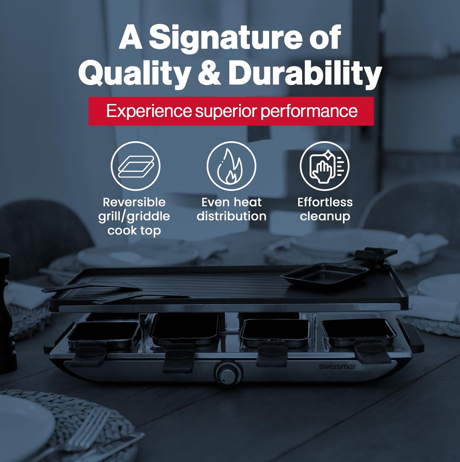 Swissmar Geneva Raclette Grill with Reversible Cast Aluminum Grill Top – 8Person