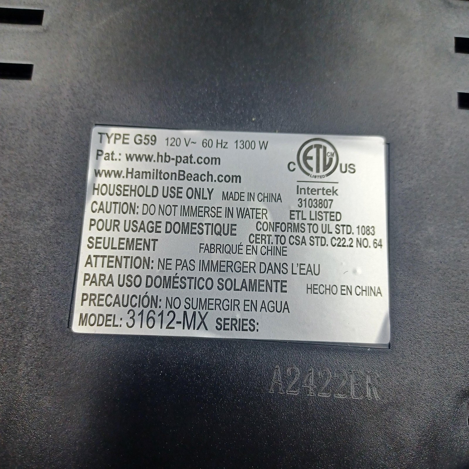 Hamilton Beach Raclette Grill 31612-MX Black Portable Party Grill 1300W Nonstick
