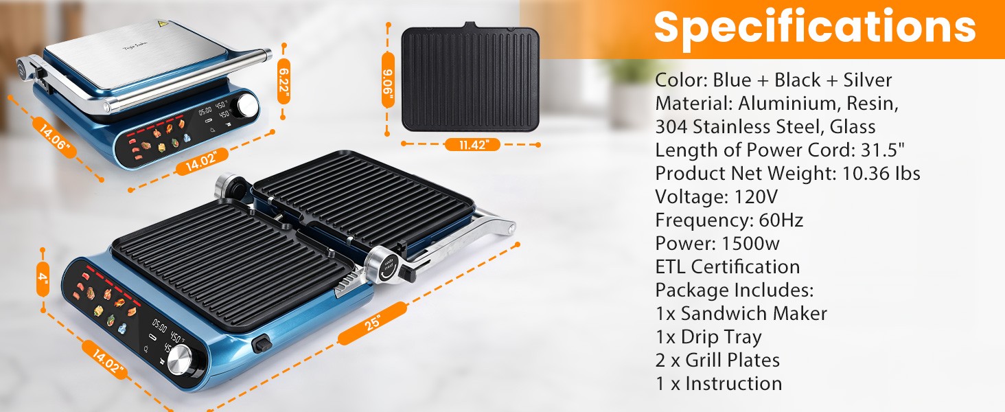 7-in-1 Panini Press Sandwich Maker, 1500W Electric Indoor Grill with LED Touch