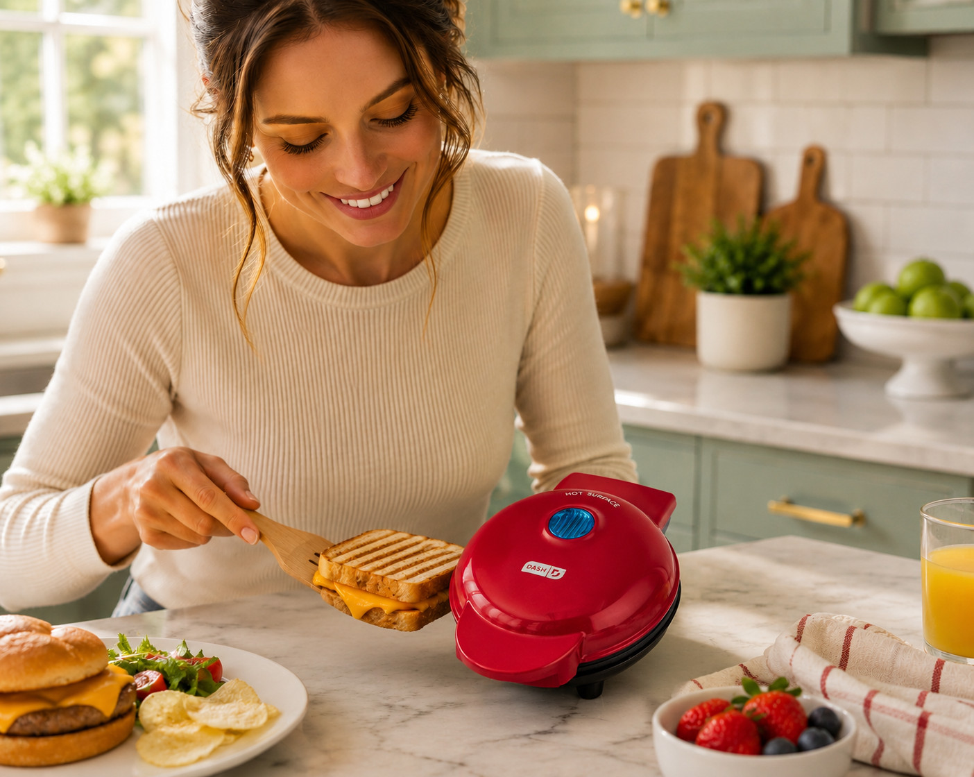DASH Mini Maker Grill 4in Nonstick Panini Press Burger Sandwich Maker Red