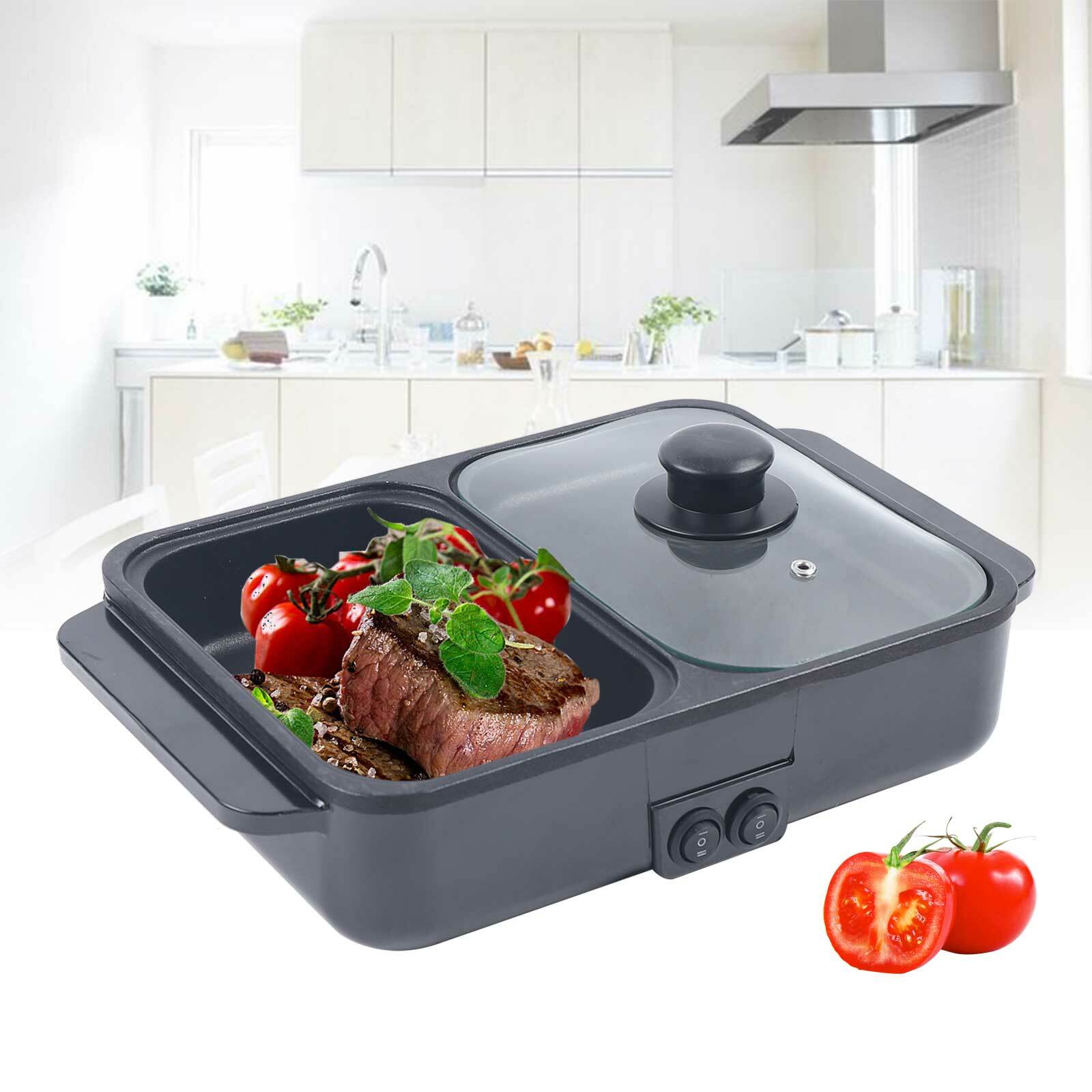 Electric Hot Pot and Grill Combo 2-in-1 Portable Cooker BBQ Baking Grill Pan