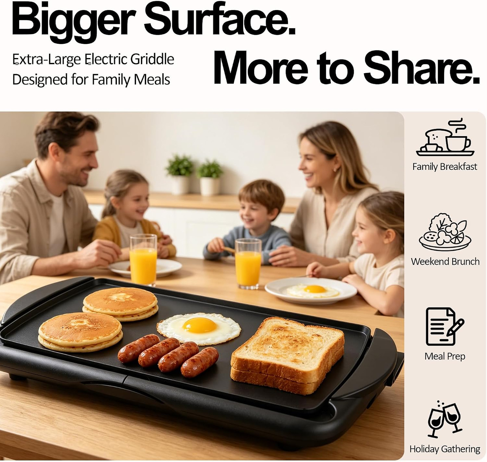 20 Inch Electric Griddle Ceramic Non-Stick Family Sized Large Surface Adjustable