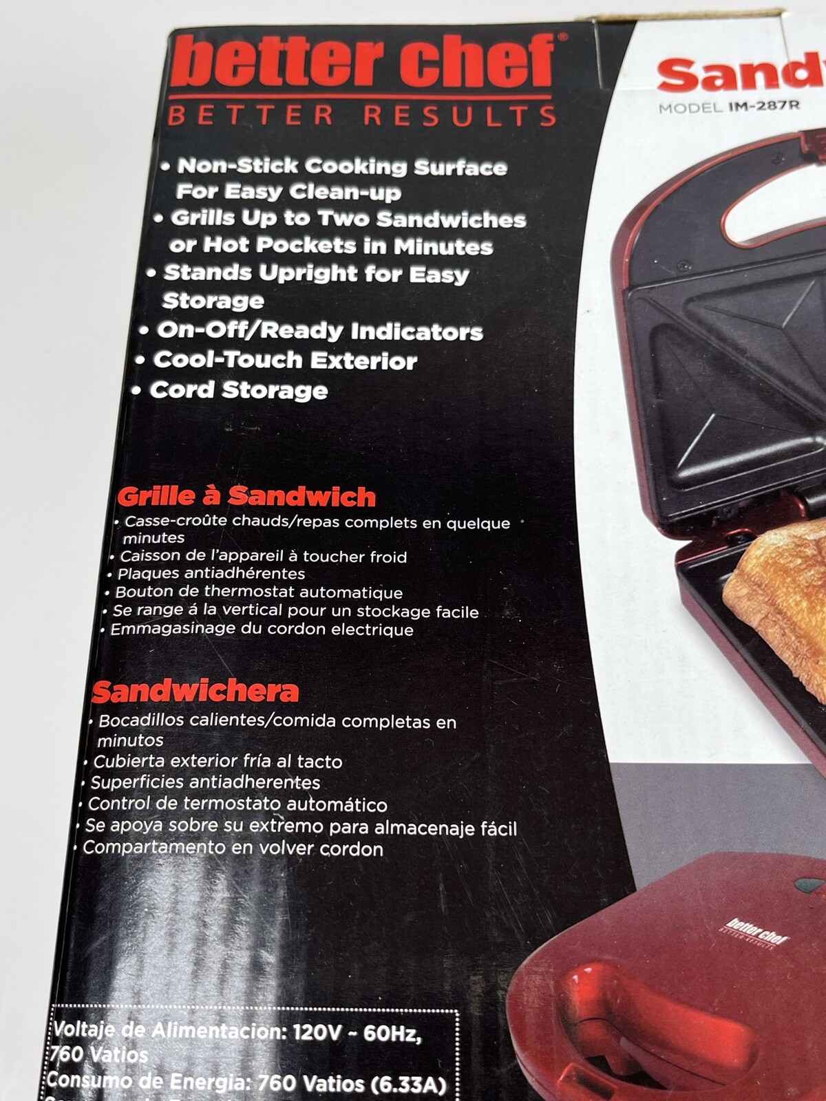 Better Chef Sandwich Grill Non Stick Cooking Surface Hot Model IM-287R Red NIB