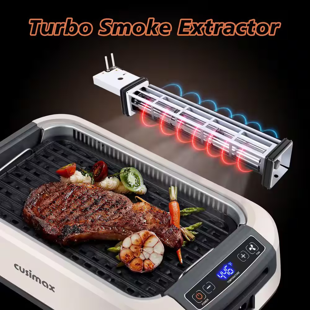 Smokeless Electric Indoor Grill 1500W Nonstick Dishwasher Safe White LED Lid