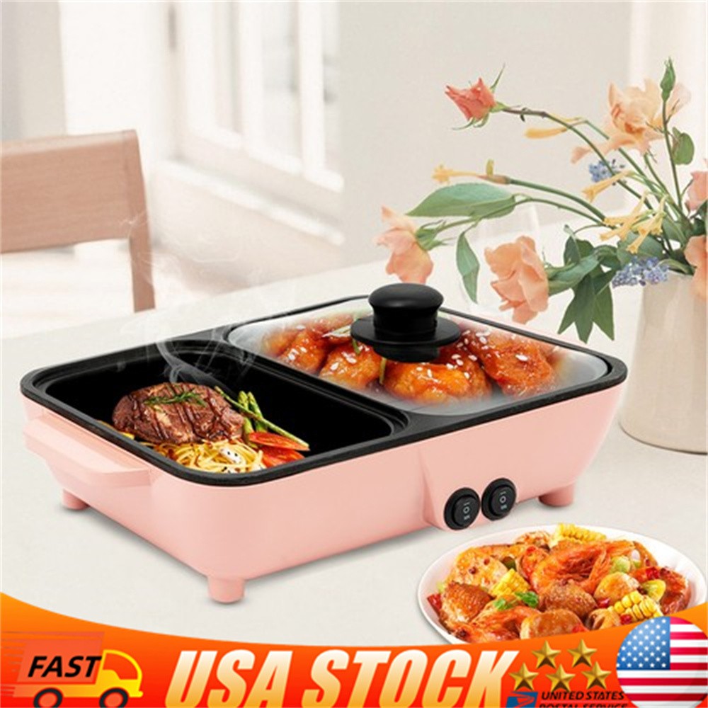 1200W 2-In-1 Electric Hot Pot & Grill Smokeless Korean BBQ Non-Stick Pot w/ Lid