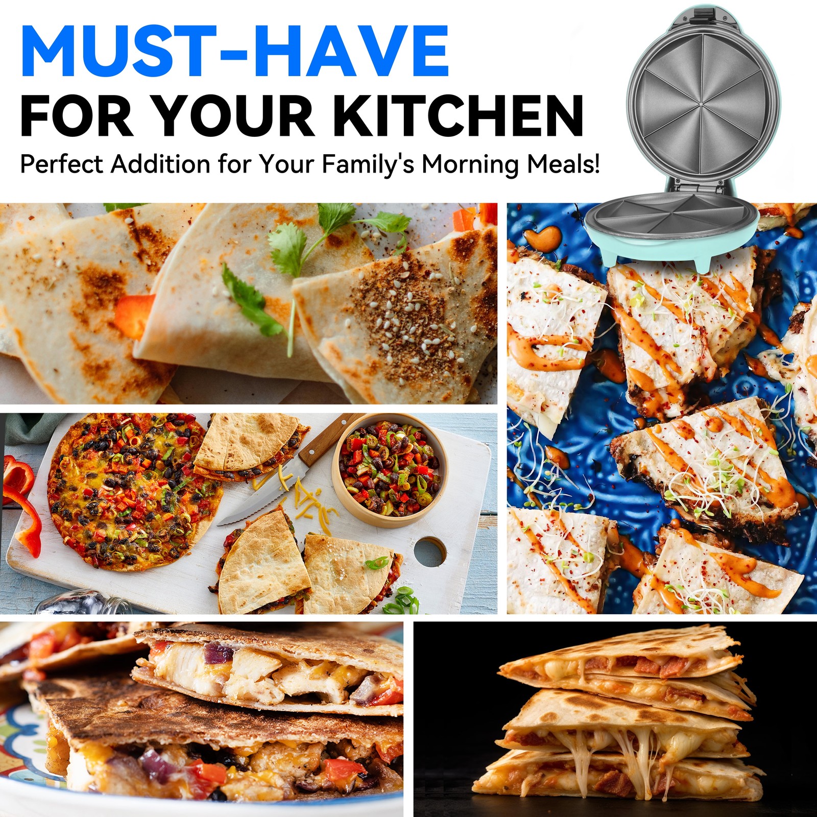 8 Inch 6-Wedge Quesadilla Maker, Non-Stick Surface, Non-Slip Feet, Aqua