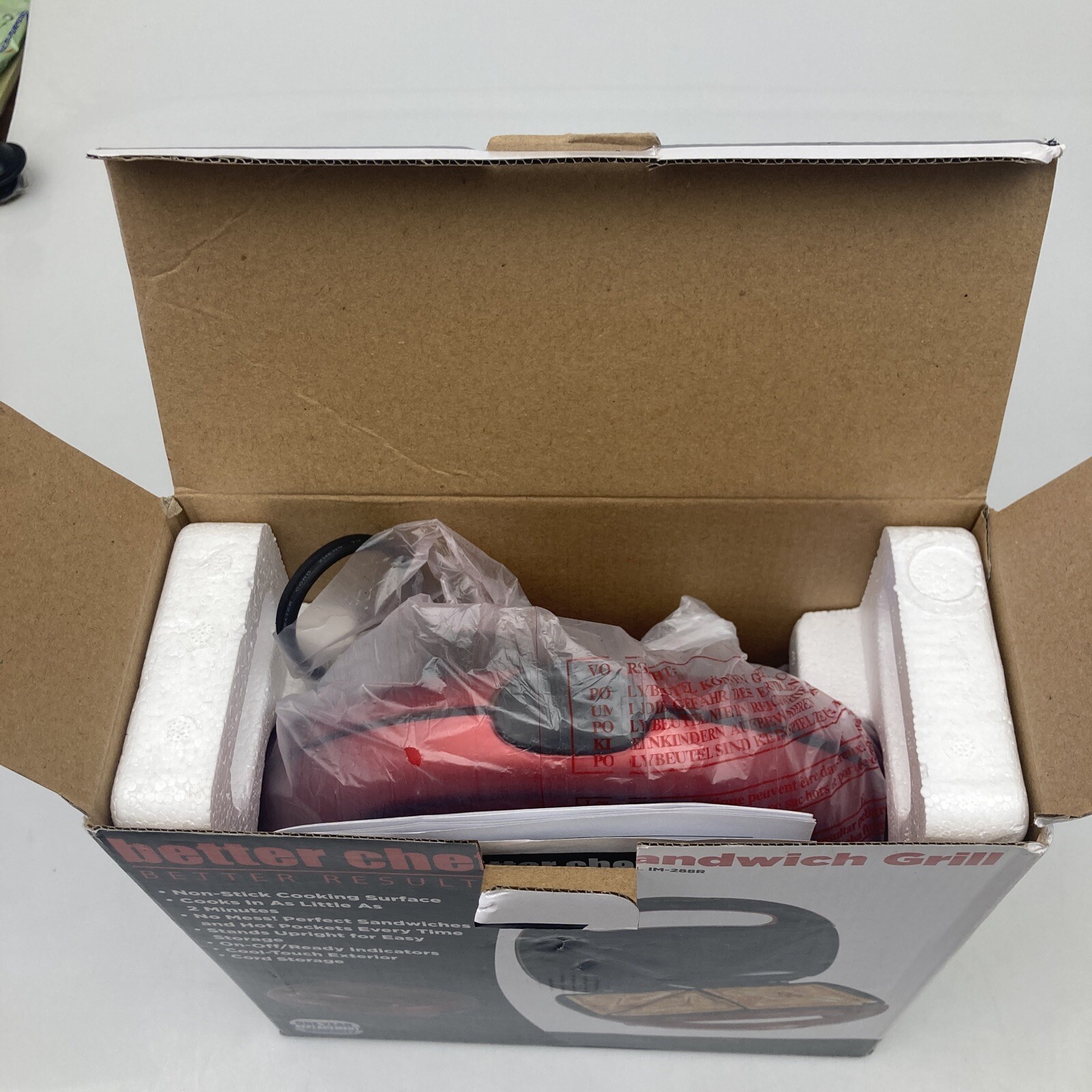Better Chef Non Stick Cooking Surface Hot Sandwich Grill Model IM-288R Red NIB