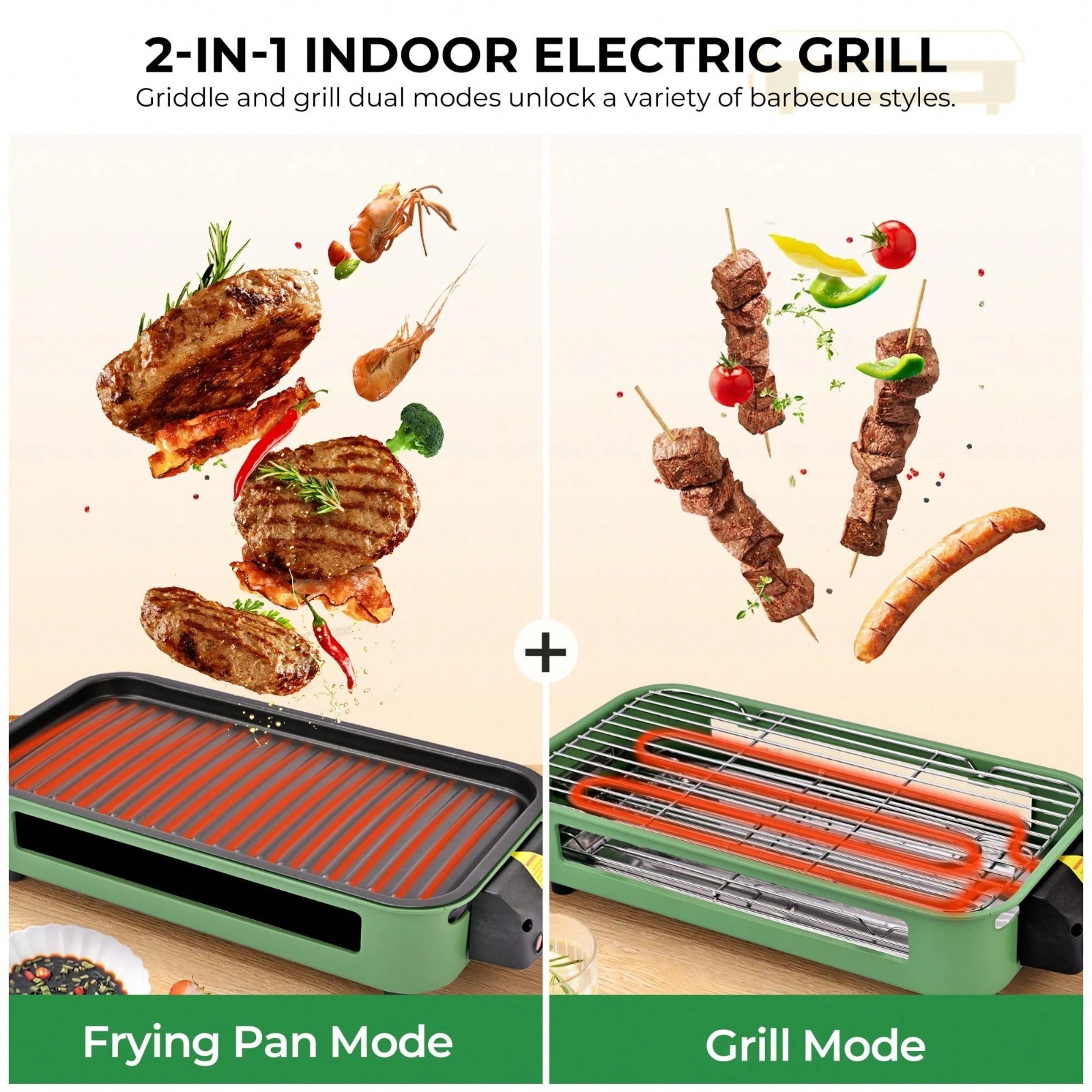 SUSTEAS Electric Indoor Grill Griddle 2-in-1 Removable Plates 1700W Green