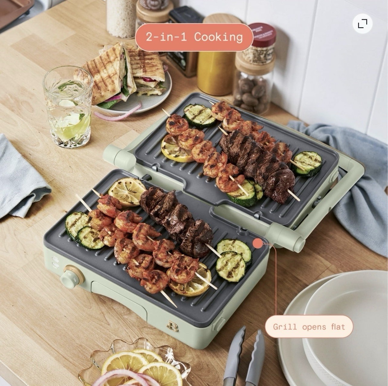 Beautiful 2-in-1 Panini Press Grill Sage Green Drew Barrymore Nonstick