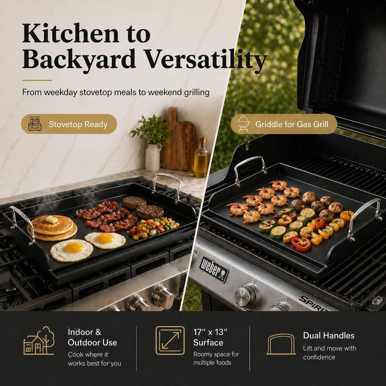 Cast Iron 17x13in Nonstick Flat Top Griddle for Gas Grill