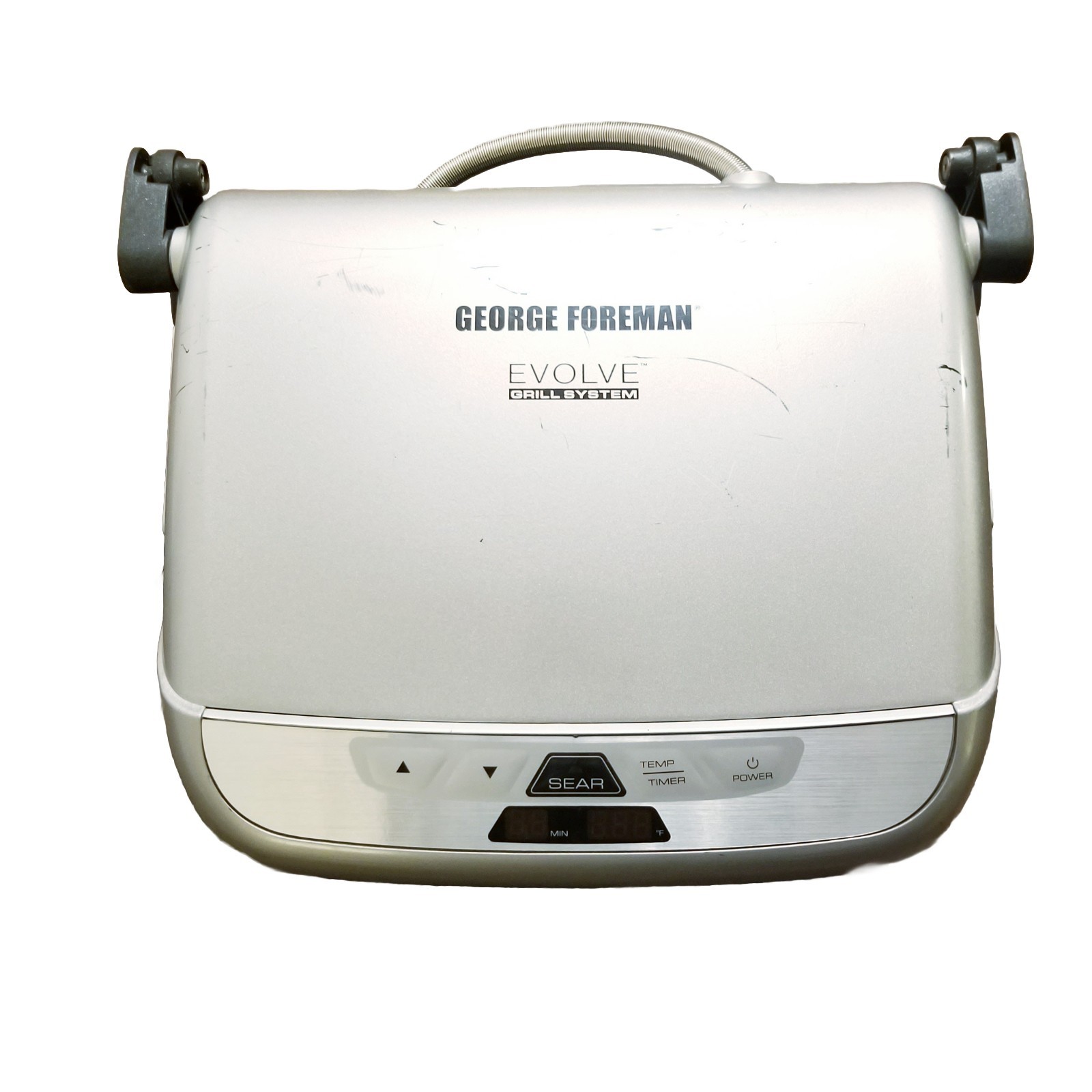 George Foreman Evolve Grill Machine Silver Heat Works Tilt Base Damage Scratched
