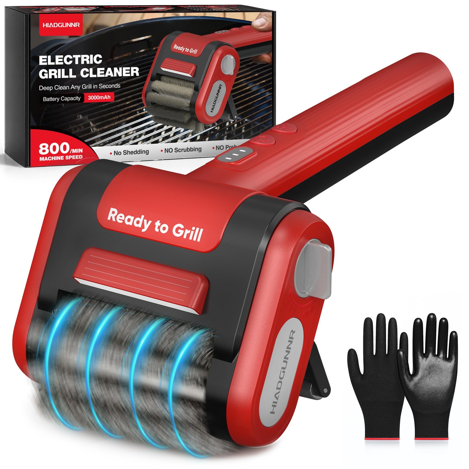 Electric Grill Brush, Cleaner with LED Light, 700–800 RPM Stainless Red